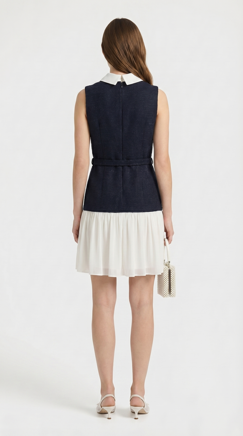 Bora - Belted Tweed & Pleated Chiffon Dress