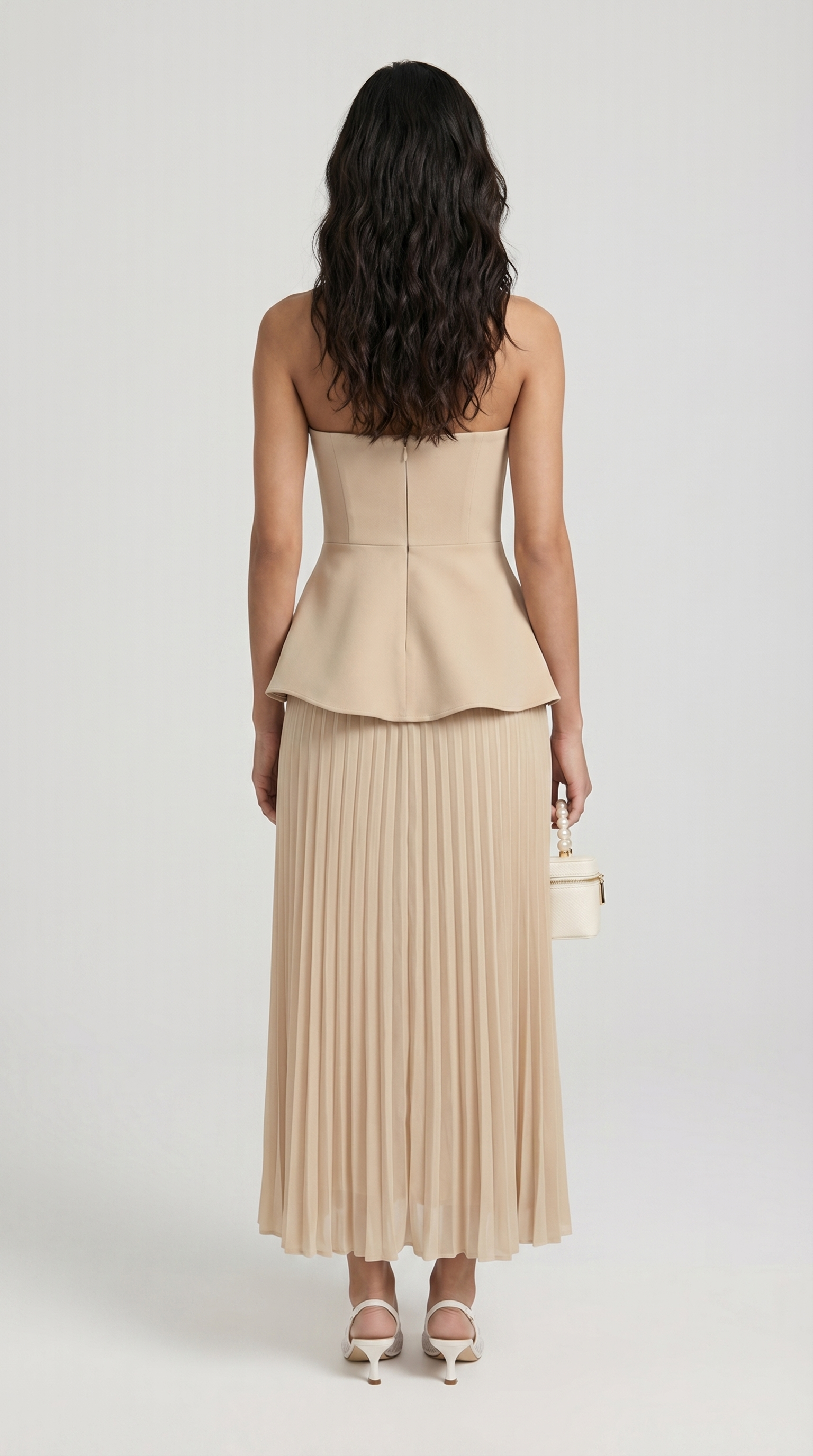 Oro - 3D Floral Peplum & Pleated Maxi Dress Beige