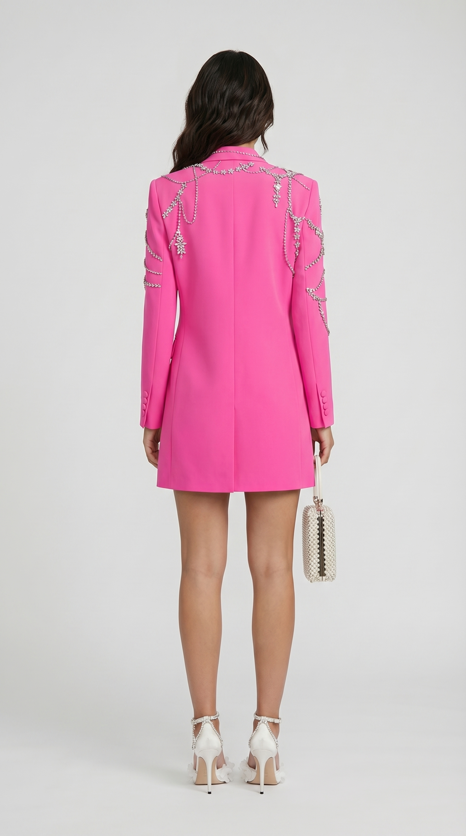 Veno - Crystal-Draped Double-Breasted Blazer Dress Pink