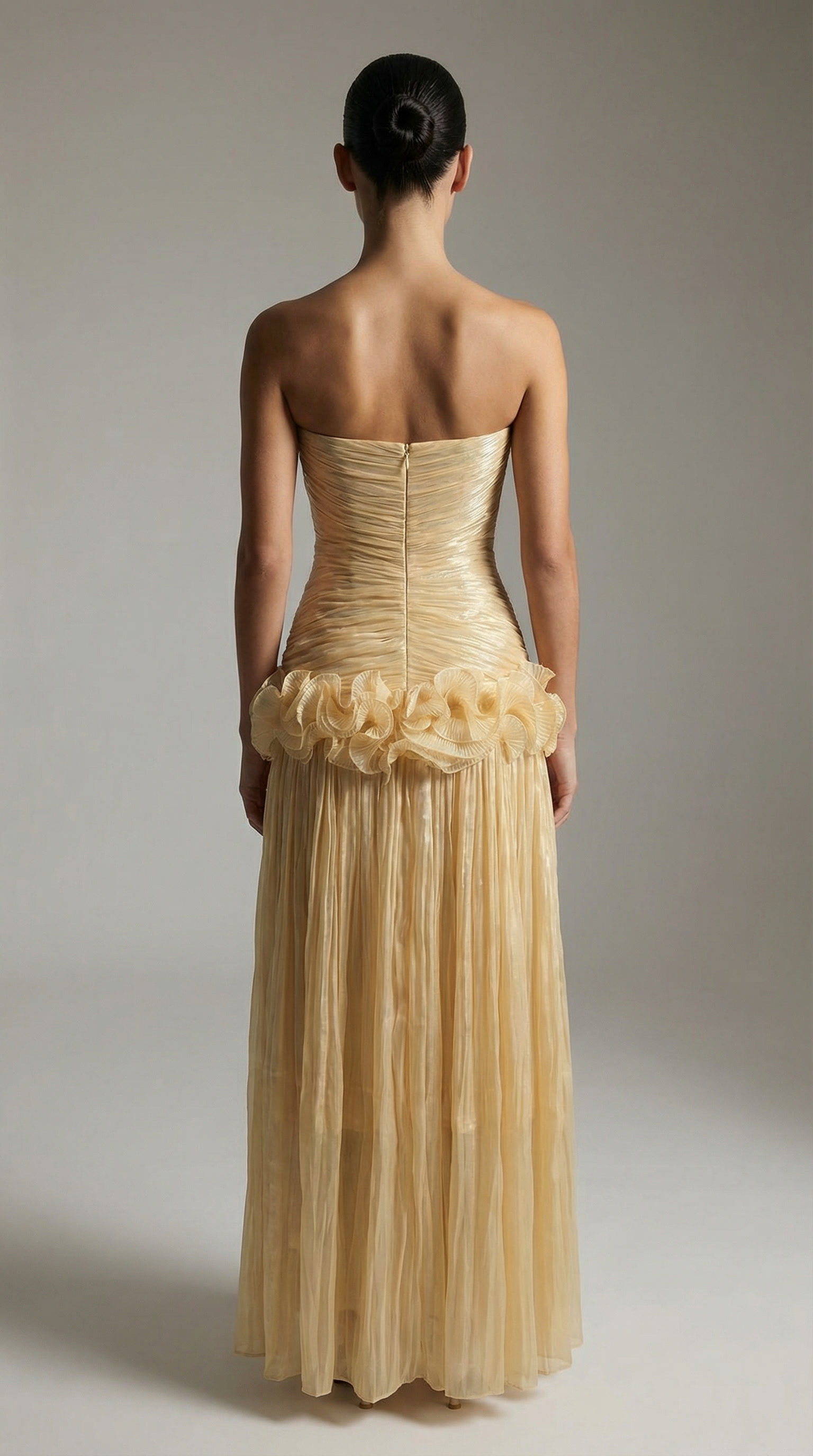 Miri - Metallic Pleated Strapless Maxi Dress Yellow