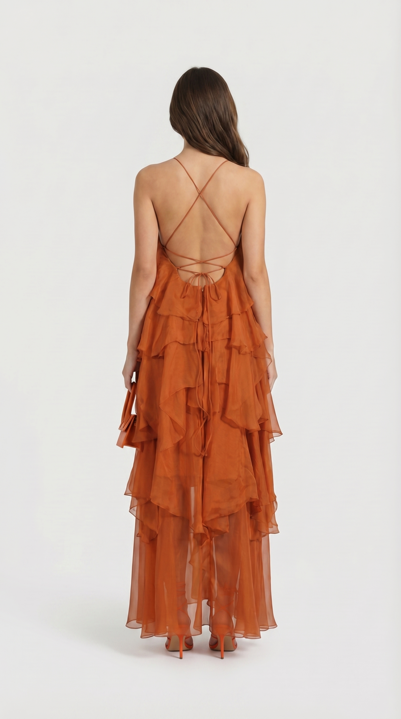 Zeli - Tiered Ruffle Halter Maxi Dress Orange