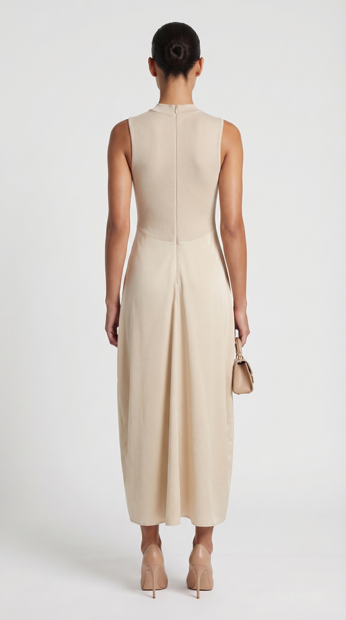Alara - Keyhole-Detail Mixed Media Maxi Dress Beige