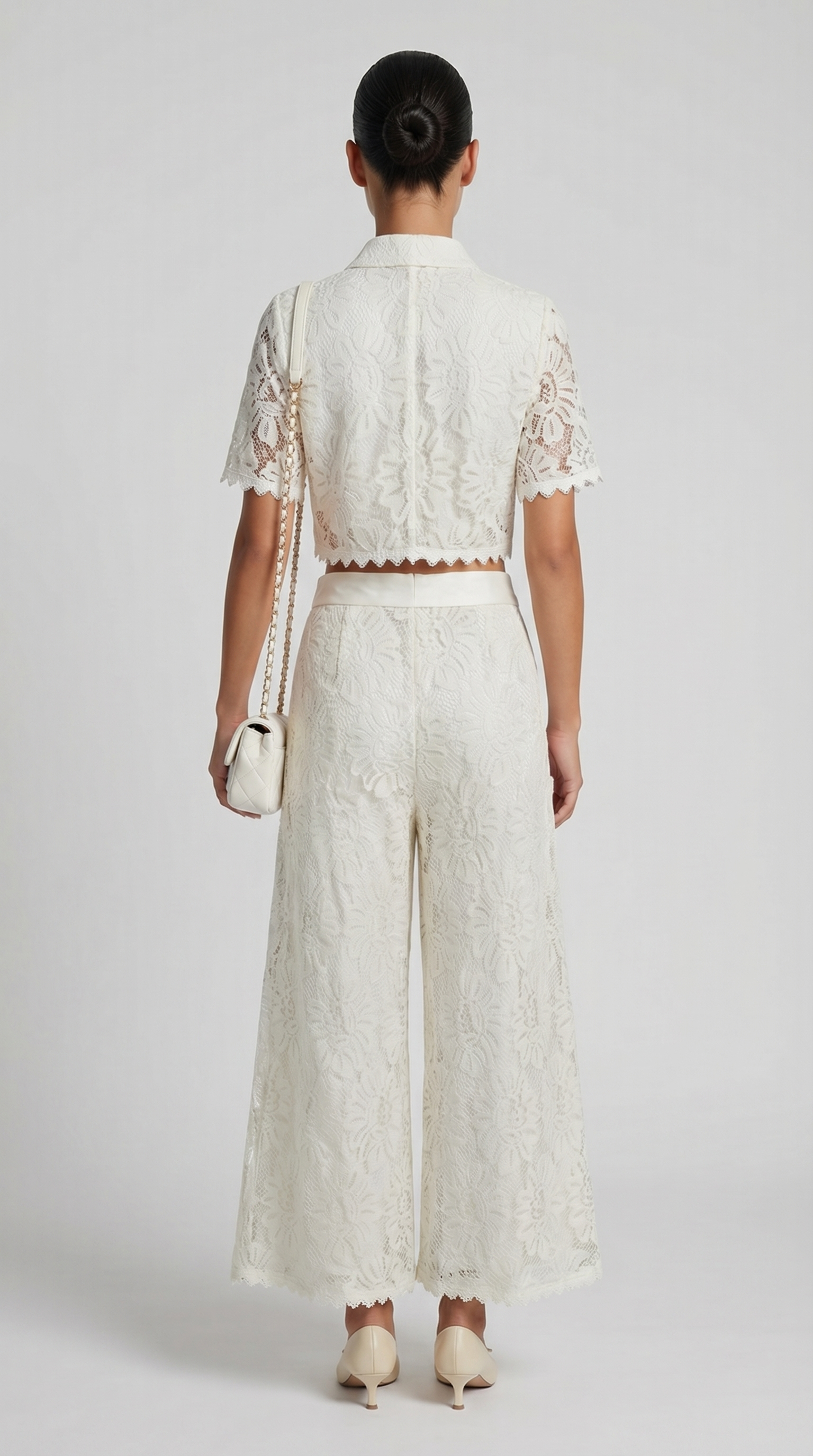 Senti - Cropped Lace Shirt & Wide-Leg Trouser Set White