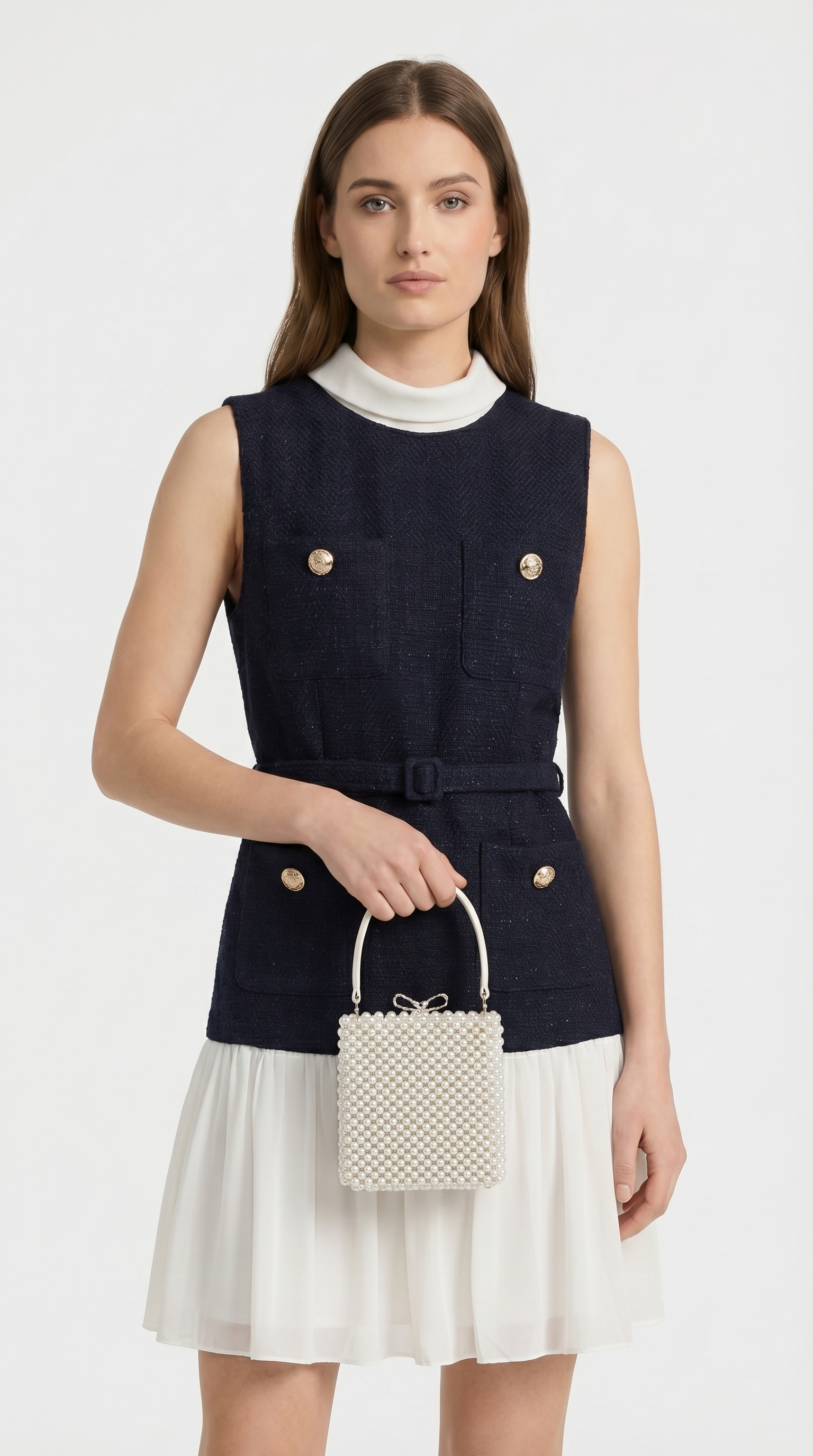Bora - Belted Tweed & Pleated Chiffon Dress