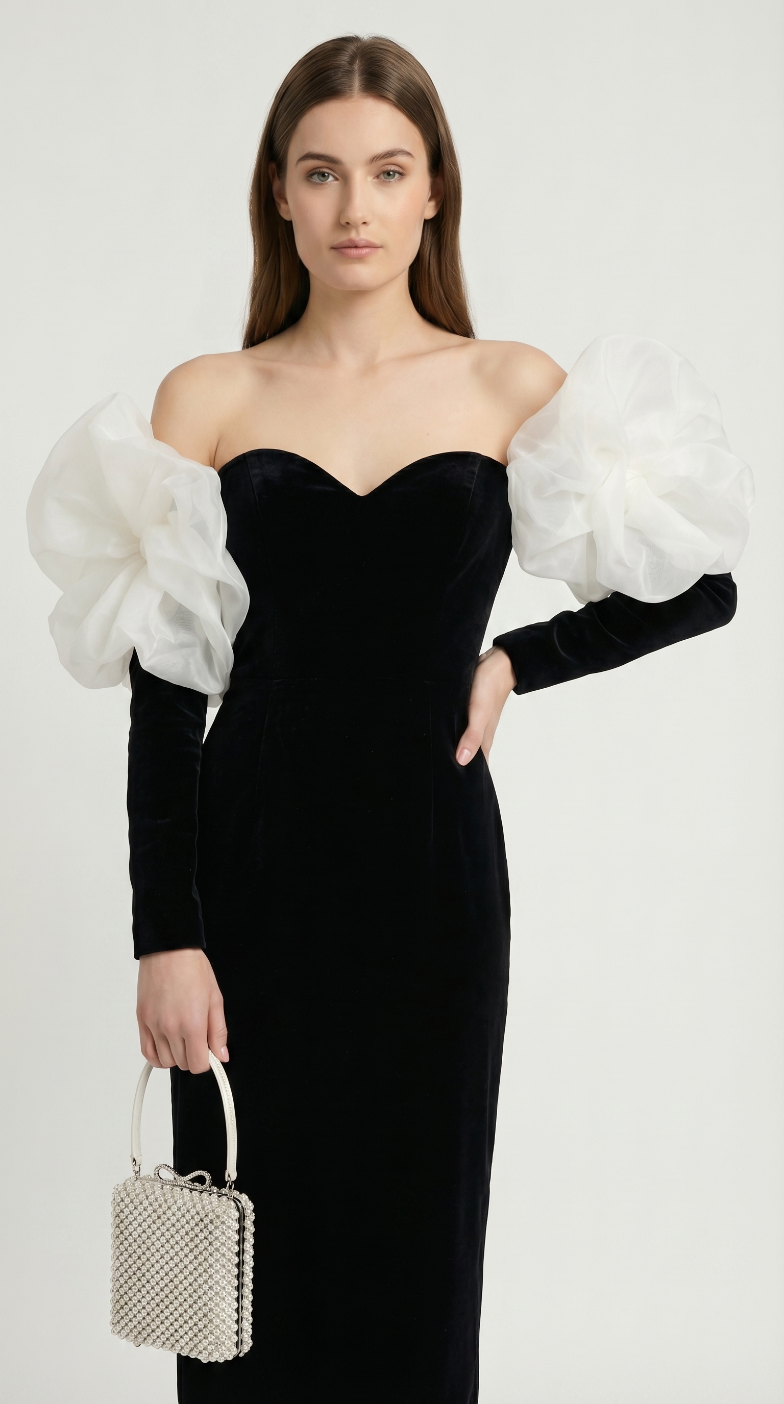 Druti - Puff-Sleeve Velvet Column Maxi Dress
