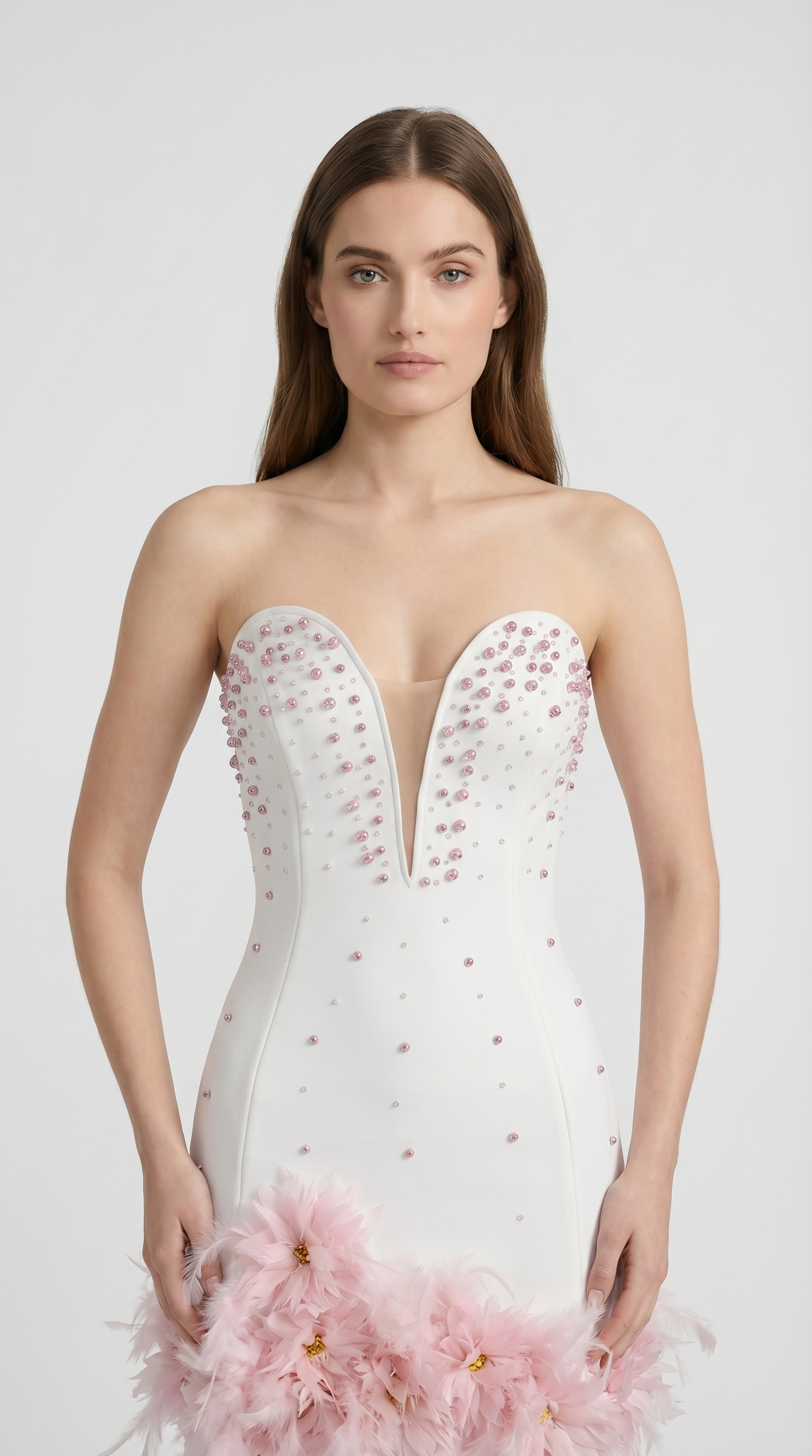 Bless - Pearl-Embellished Feather Hem Mini Dress