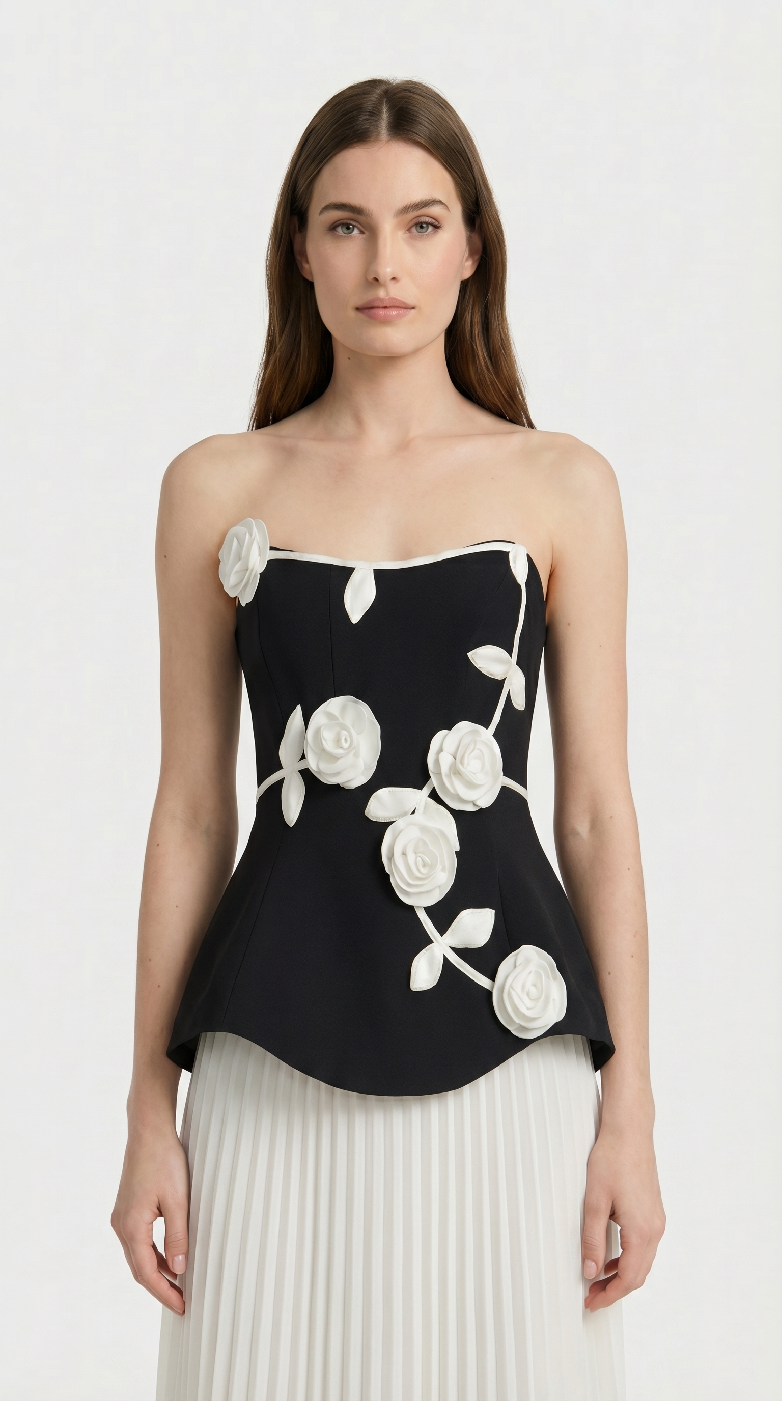 Oro - 3D Floral Peplum & Pleated Maxi Dress Black