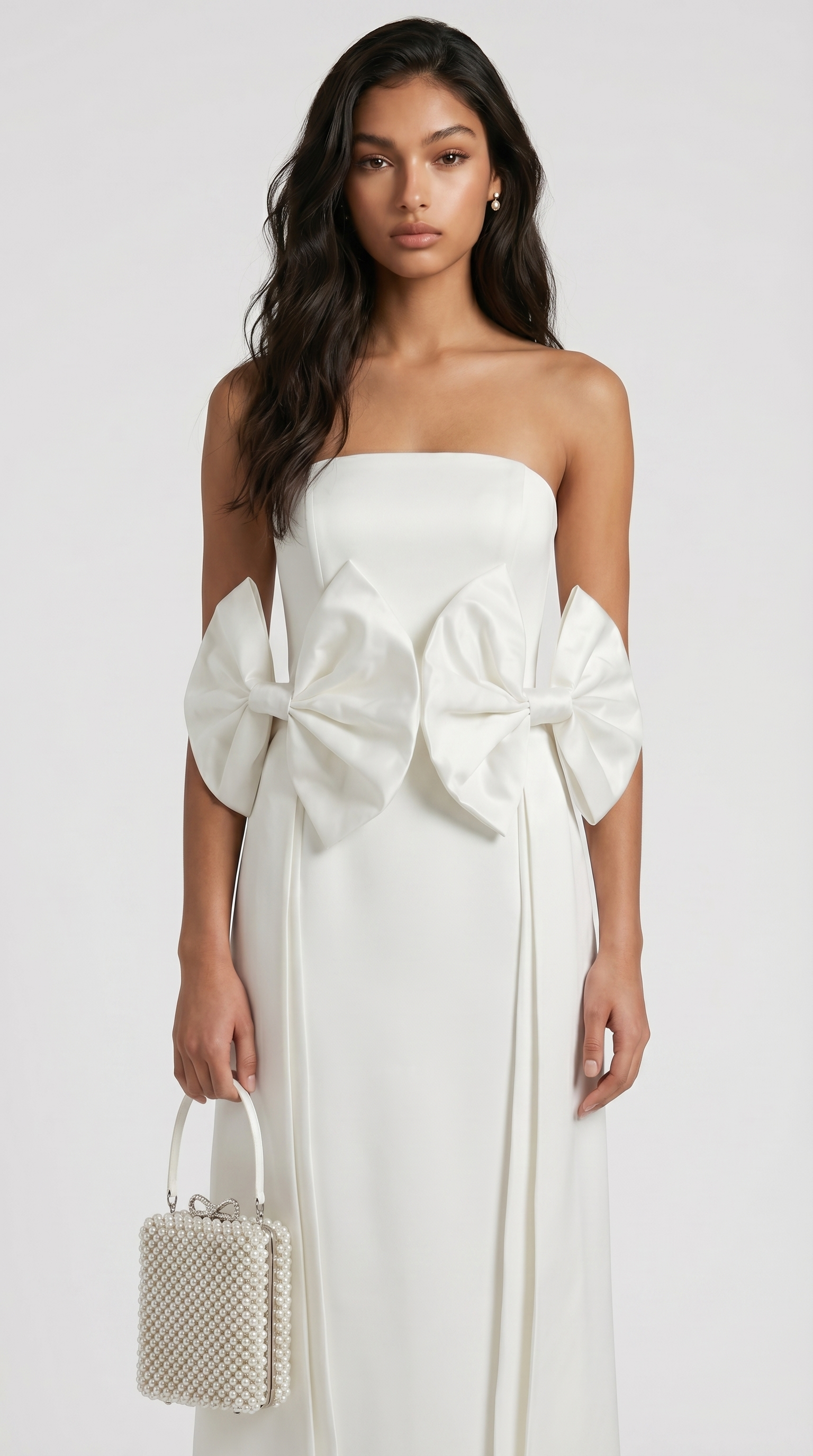 Keli - Triple-Bow Strapless Column Maxi Dress White