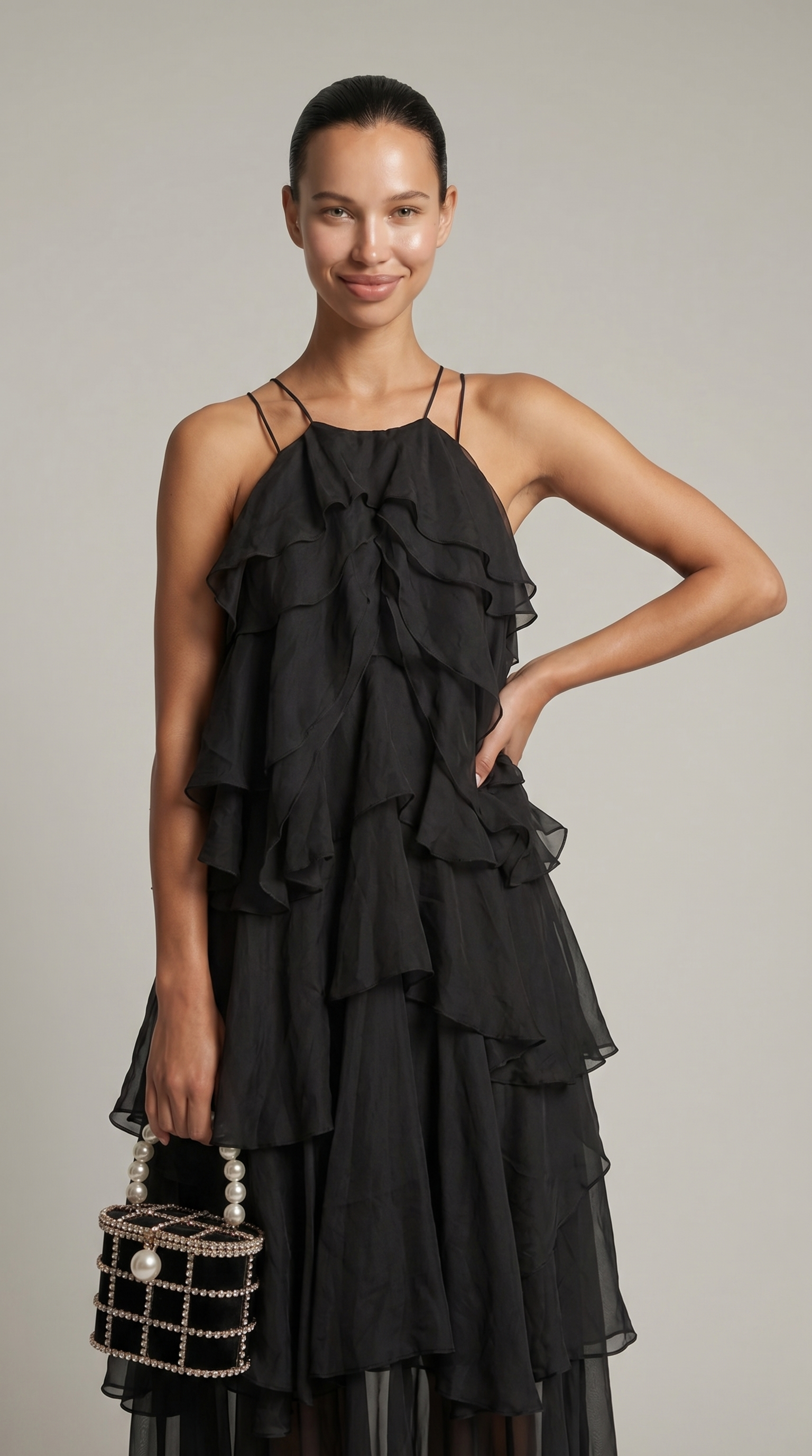Zeli - Tiered Ruffle Halter Maxi Dress Black
