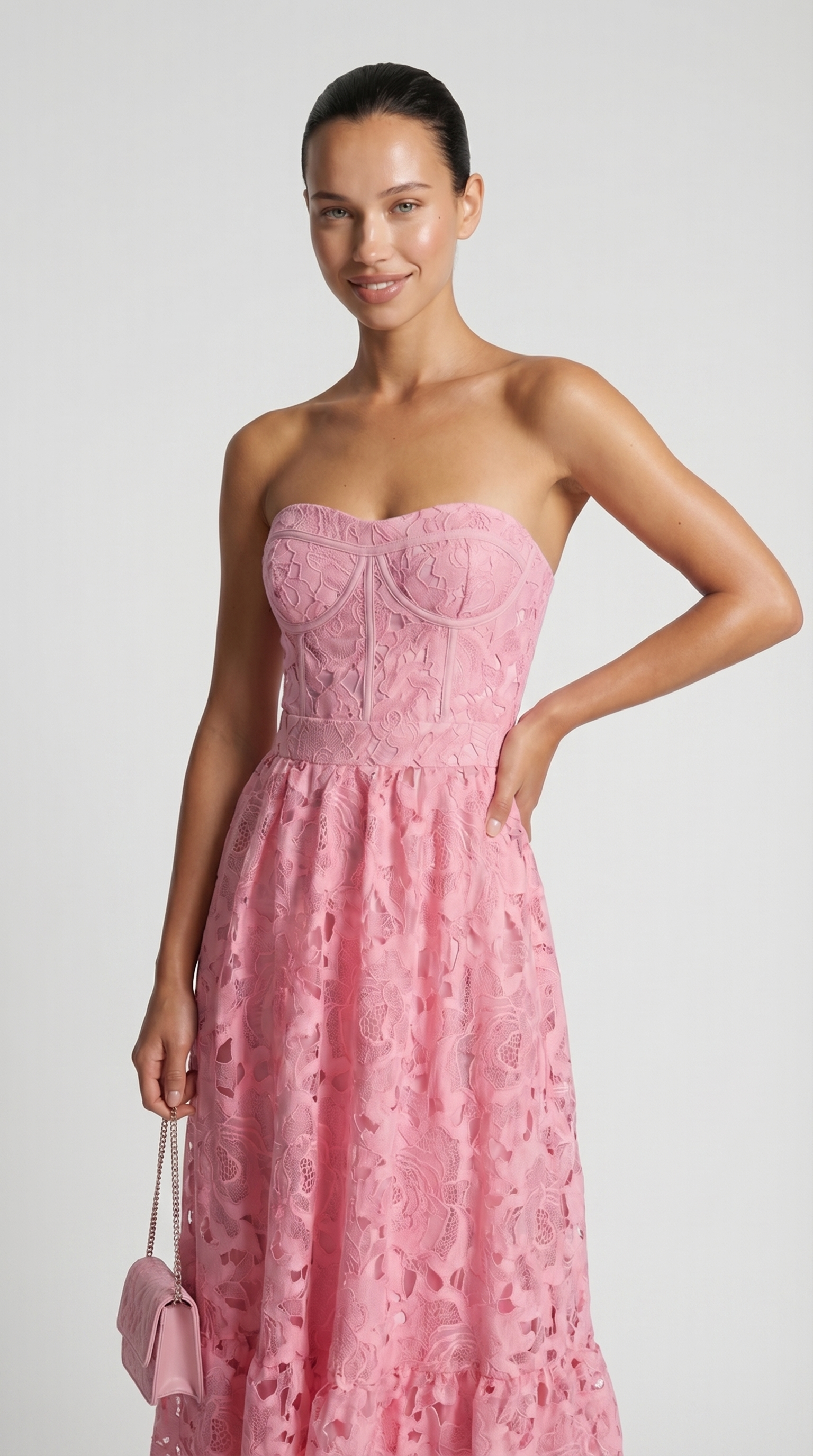 Ole - Strapless Guipure Lace Bustier Maxi Dress Pink