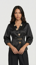 Keni - Metal-Button Puff-Sleeve Top Black