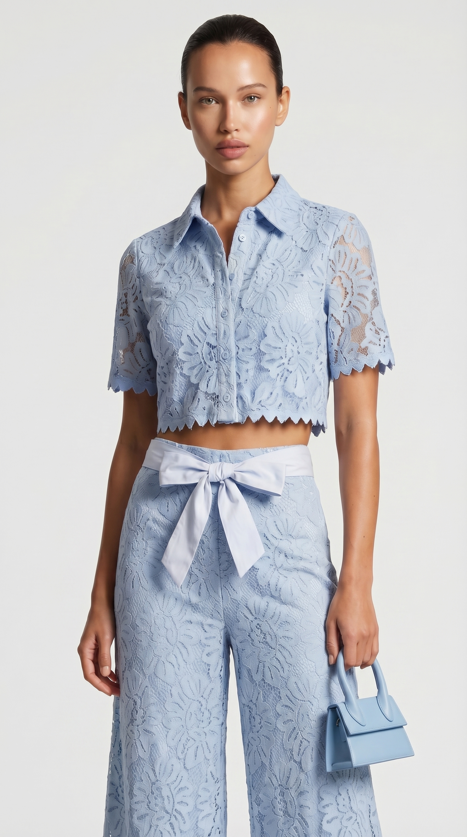 Senti - Cropped Lace Shirt & Wide-Leg Trouser Set Blue