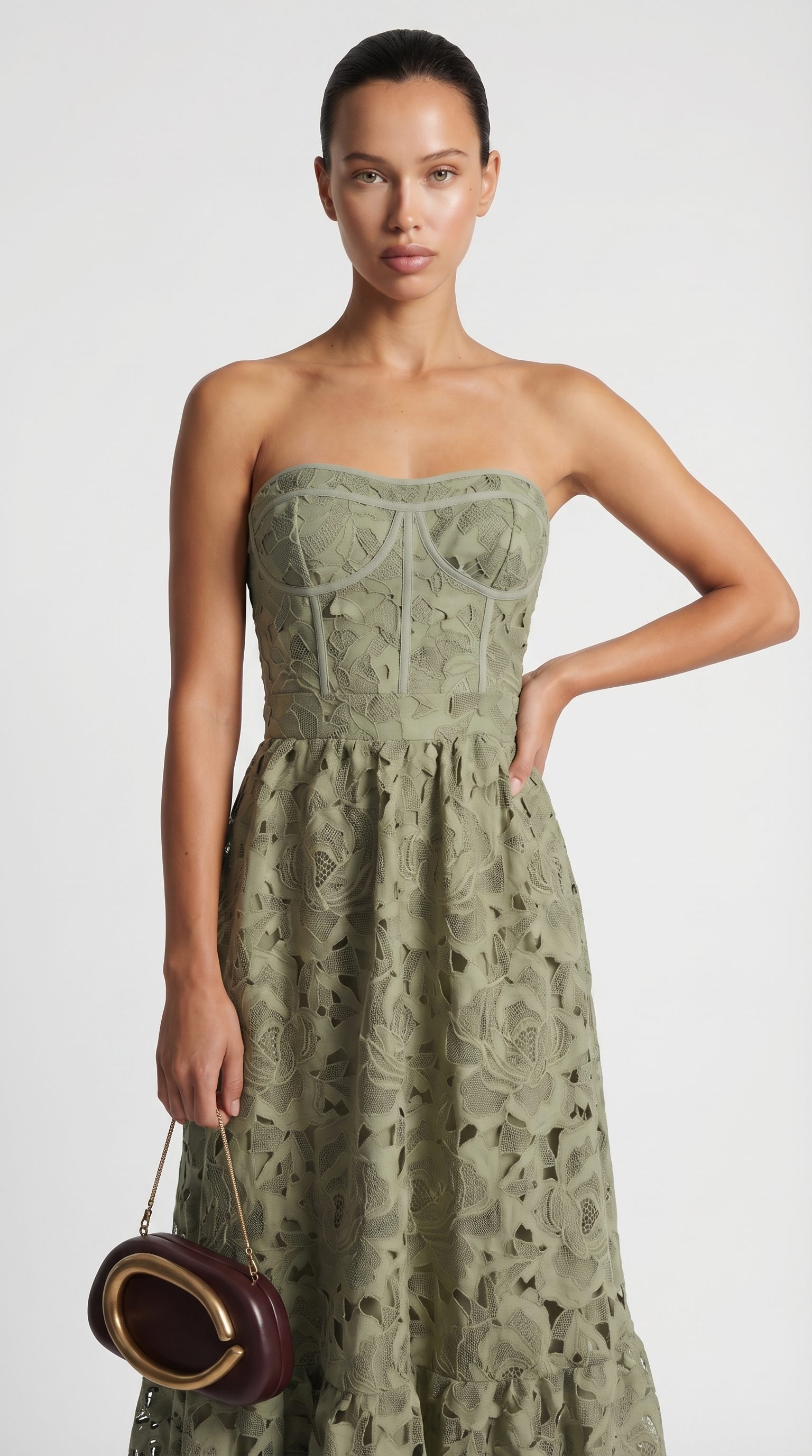 Ole - Strapless Guipure Lace Bustier Maxi Dress Green