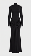 ARET - VESTIDO LARGO CON CUELLO ALTO FRUNCIDO Y RECORTES NEGRO
