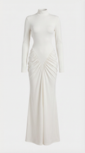 ARET - VESTIDO LARGO CON CUELLO ALTO FRUNCIDO Y RECORTES BLANCO