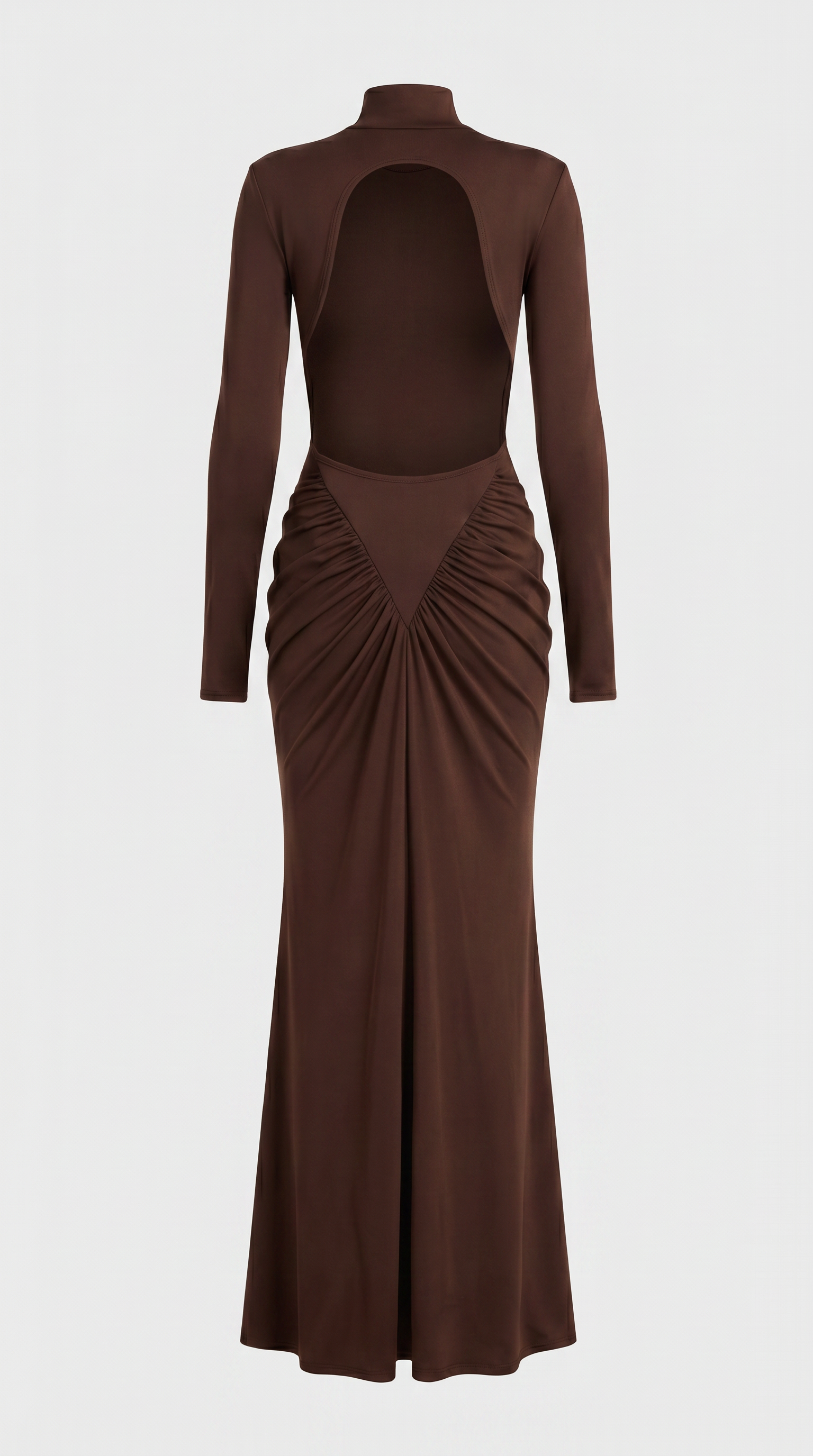 Aret - Ruched Cut-Out Mock-Neck Maxi Dress Brown
