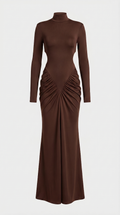 ARET - VESTIDO LARGO CON CUELLO ALTO FRUNCIDO Y RECORTES MARRÓN