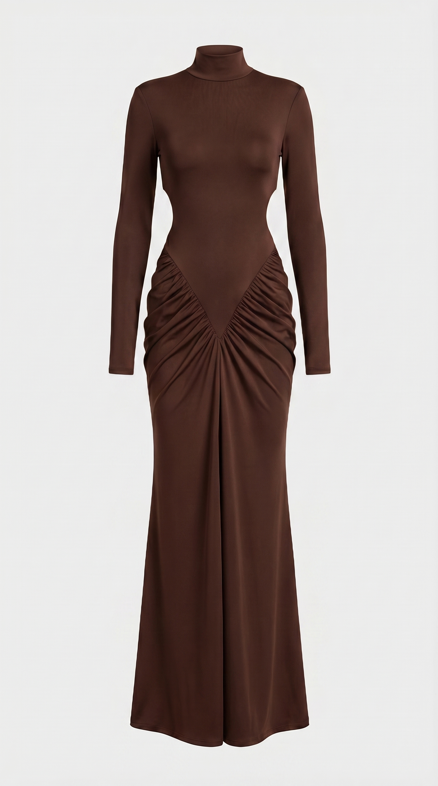 Aret - Ruched Cut-Out Mock-Neck Maxi Dress Brown