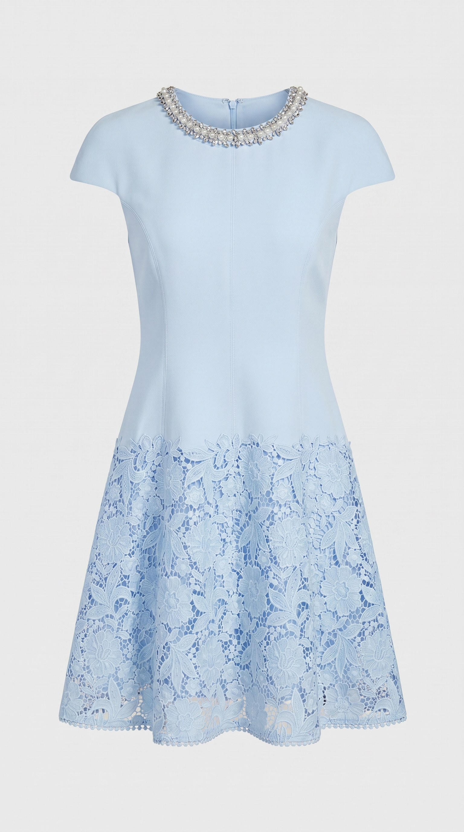 Elsi - Baby Blue Jeweled-Neck Lace-Overlay Mini Dress