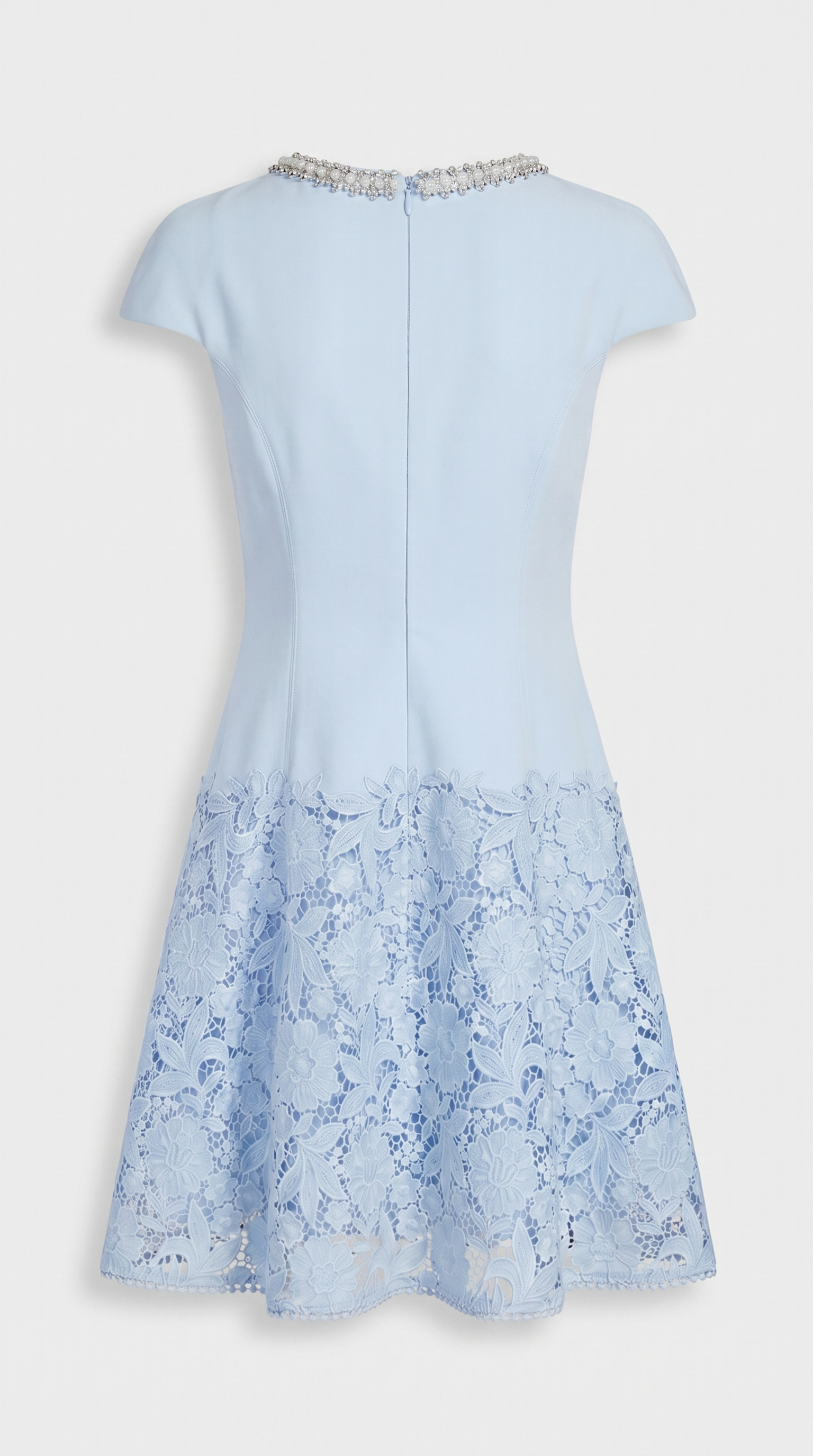 Elsi - Baby Blue Jeweled-Neck Lace-Overlay Mini Dress