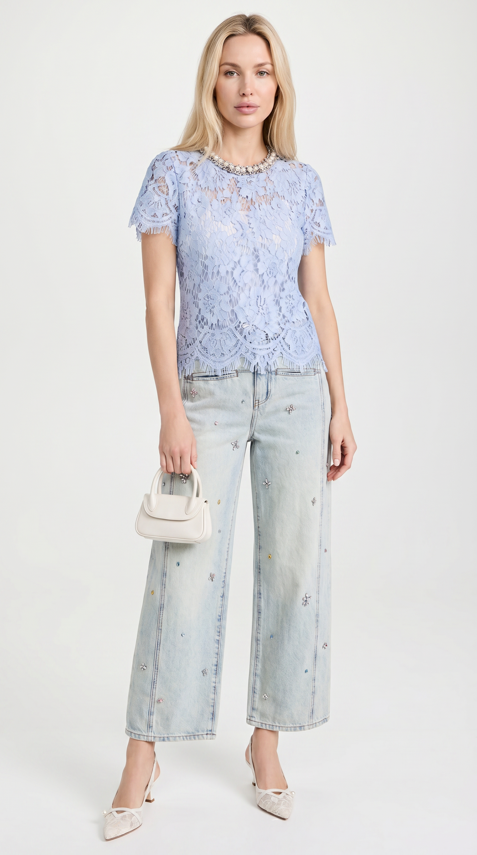 Boni - Crystal-Embellished Guipure Lace Blouse Baby Blue