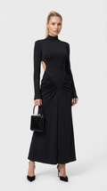 Aret - Ruched Cut-Out Mock-Neck Maxi Dress Black
