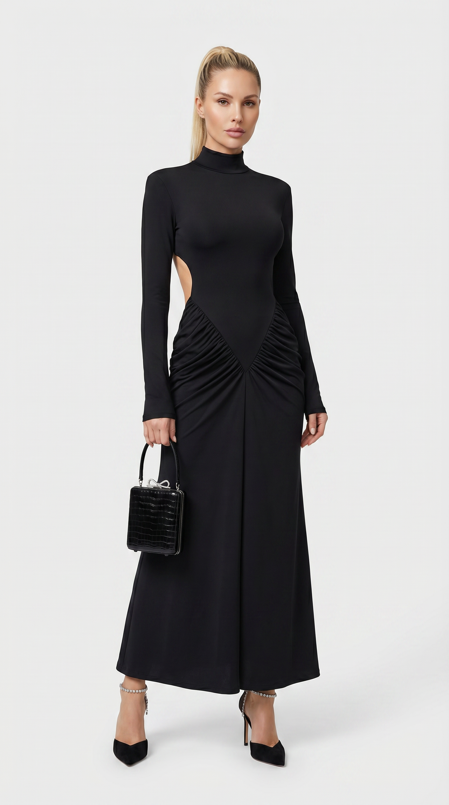 Aret - Ruched Cut-Out Mock-Neck Maxi Dress Black