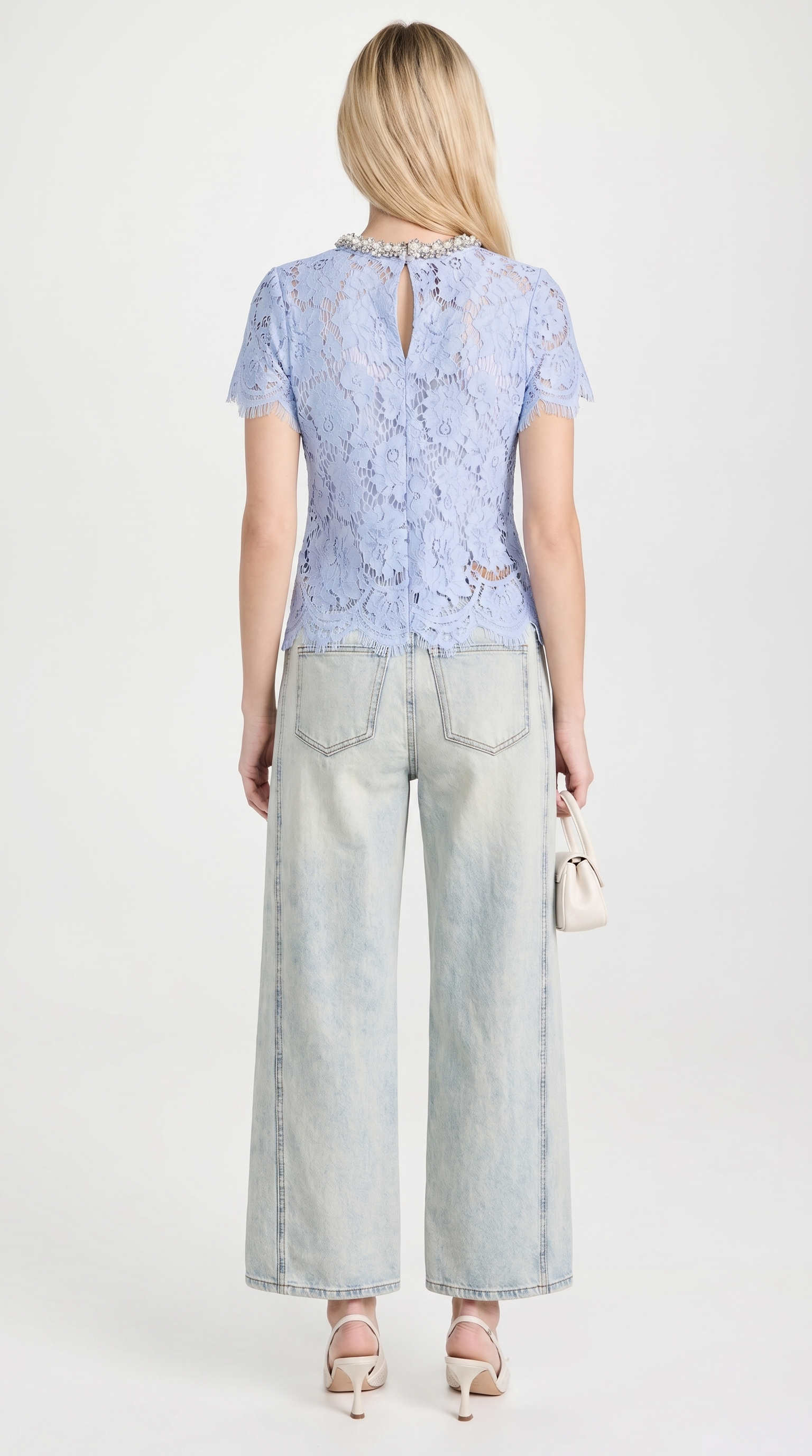 Boni - Crystal-Embellished Guipure Lace Blouse Baby Blue