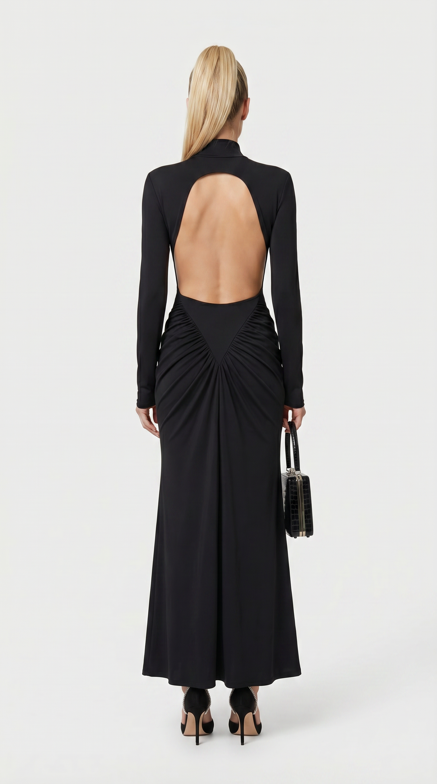 Aret - Ruched Cut-Out Mock-Neck Maxi Dress Black