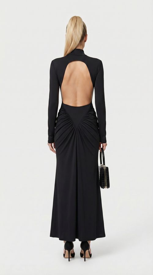 Aret - Ruched Cut-Out Mock-Neck Maxi Dress Black