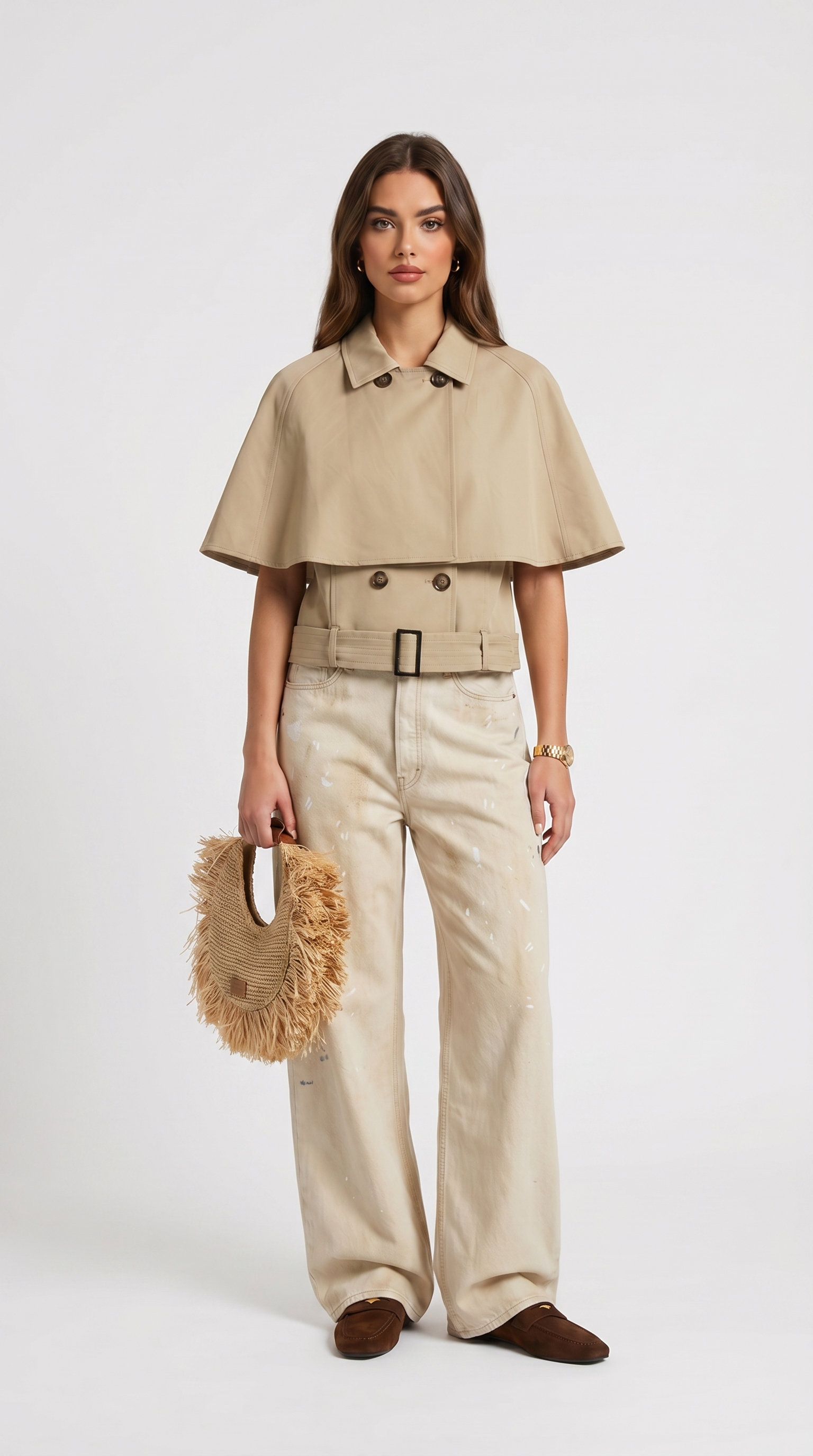 Arce - Cropped Trench Cape with Belted Waist