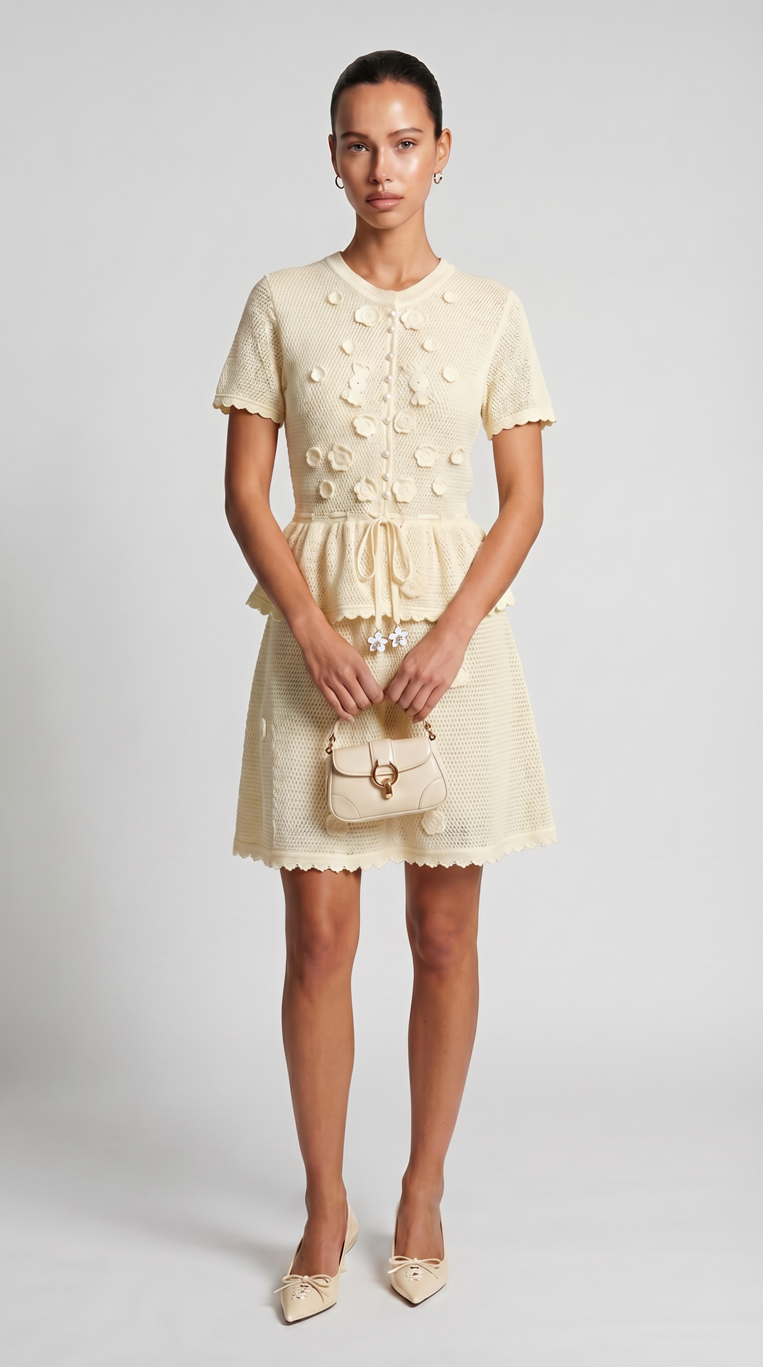 Alsi - 3D Floral-Appliqué Knit Cardigan & Skirt Set