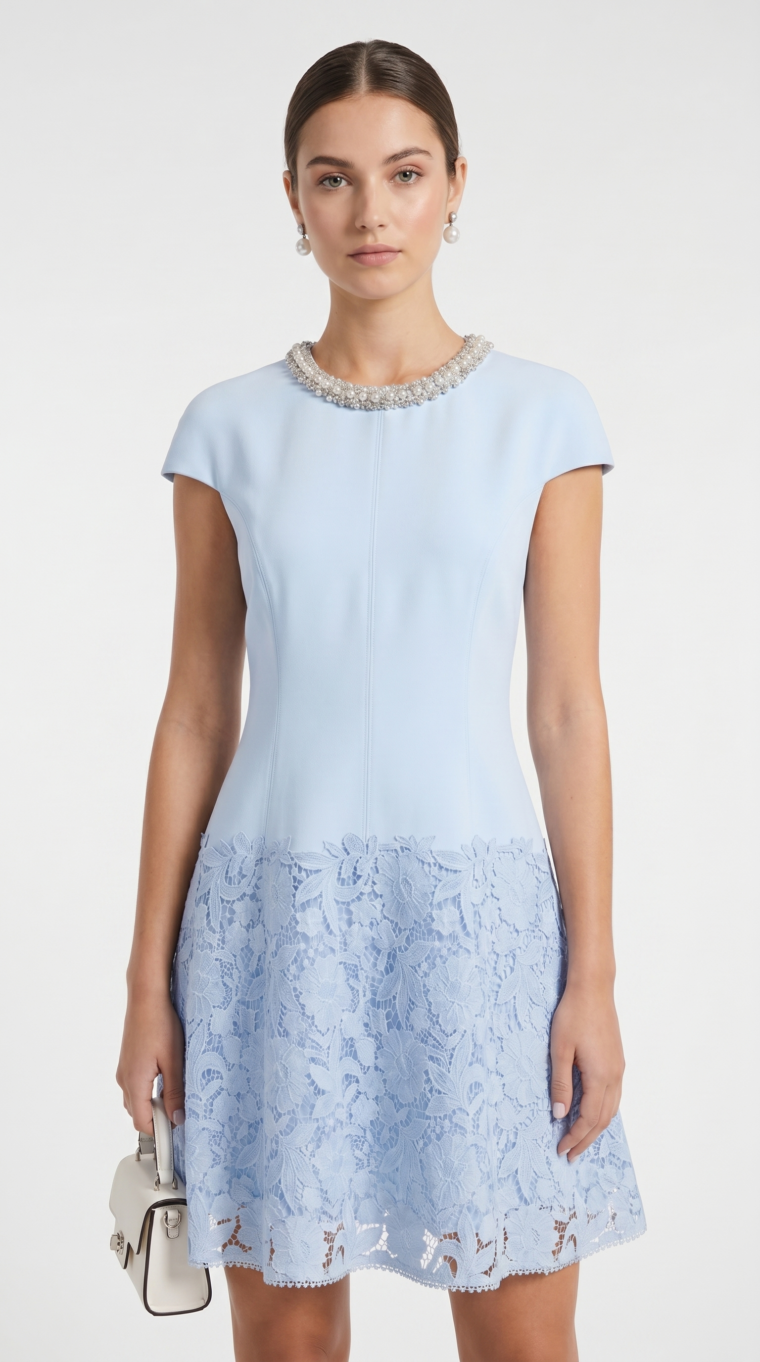 Elsi - Baby Blue Jeweled-Neck Lace-Overlay Mini Dress
