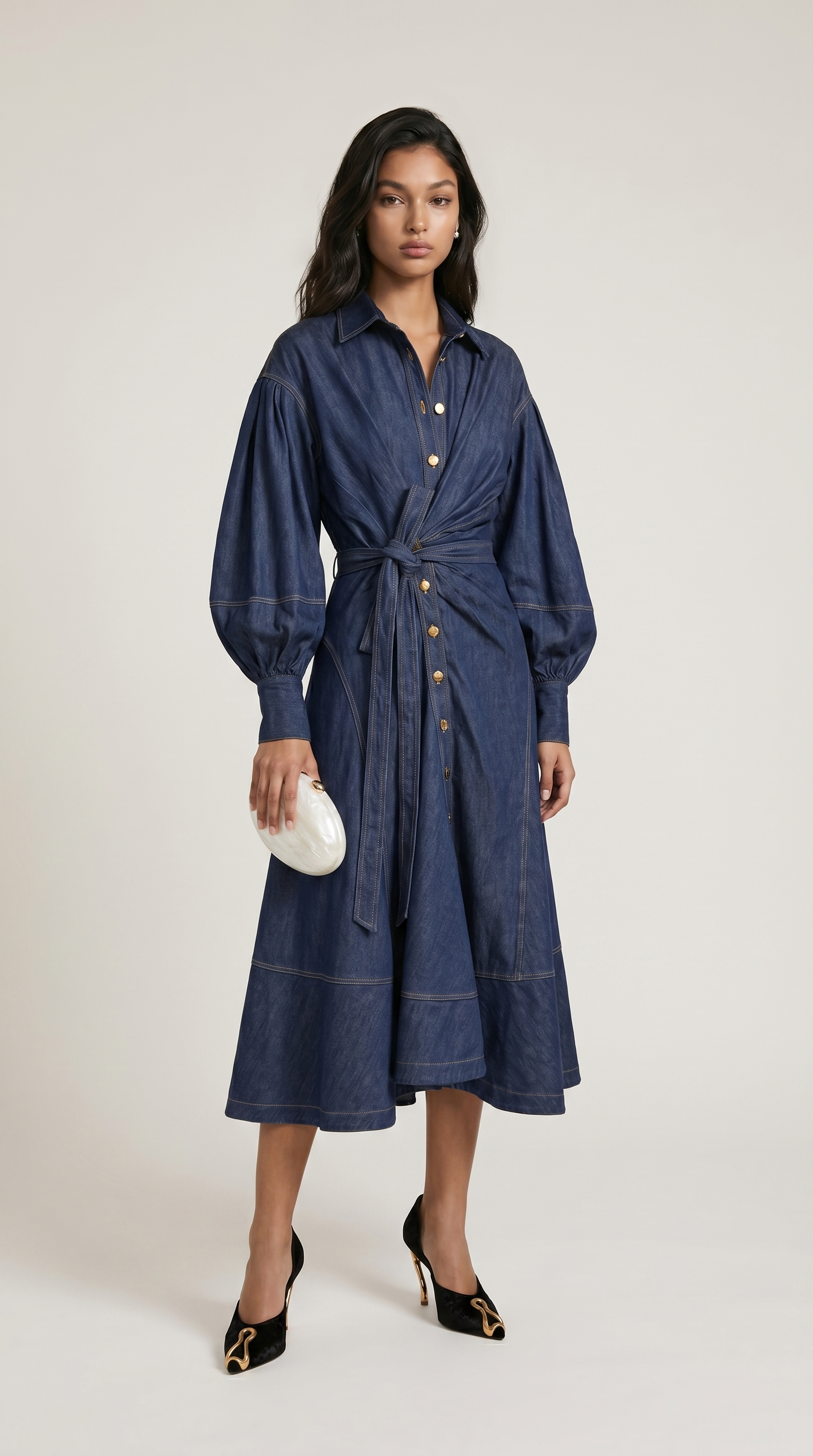 Sillo - Long Oversized Sleeves Dress Navy Blue Denim