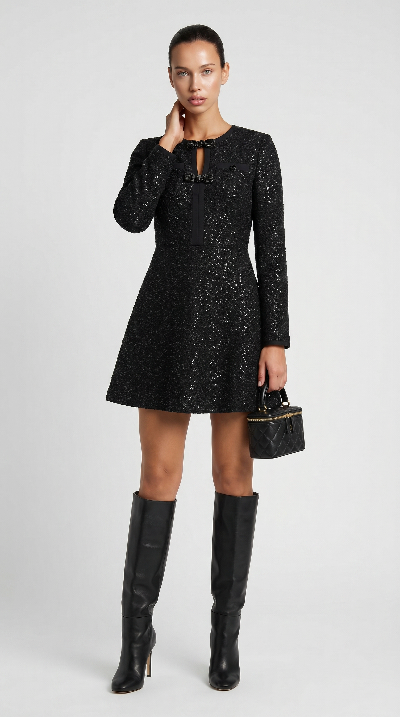 Glaven - Vestido largo manga slim corto con detalles de lazo estilosos