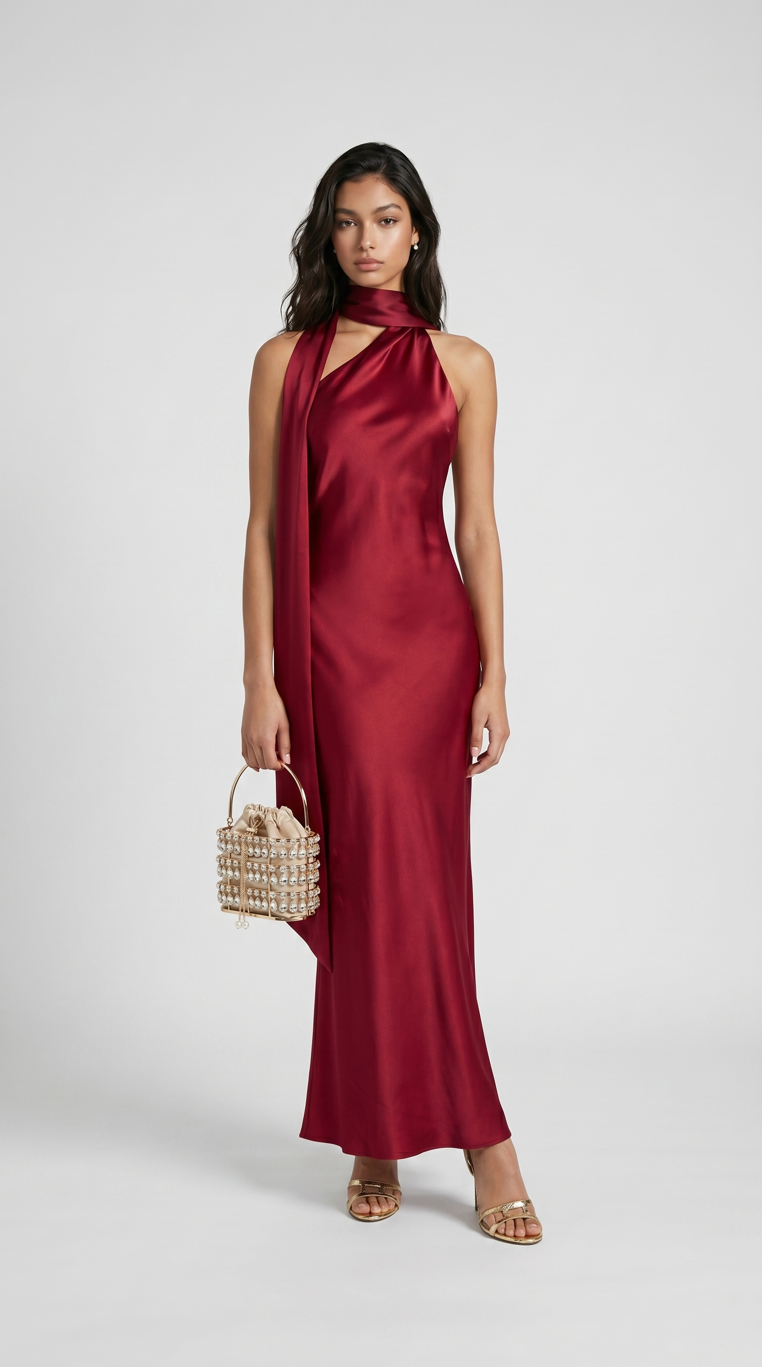 Iris - Elegant Ribbon Halter Satin Party Dress Wine Red