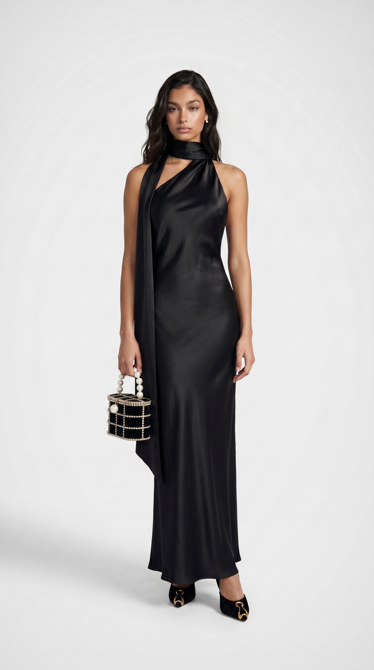 Iris - Elegant Ribbon Halter Satin Party Dress Black