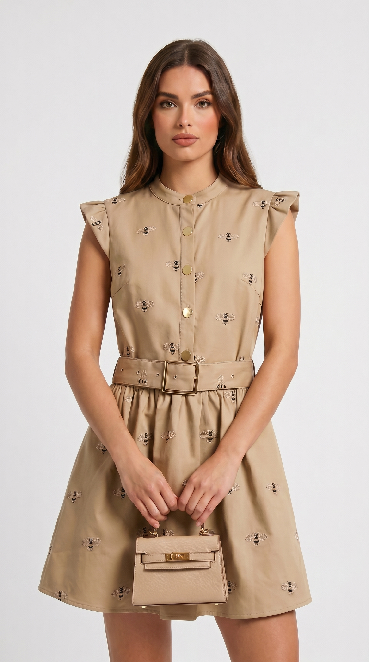 Ostra - Embroidered Bee Utility Mini Dress Khaki
