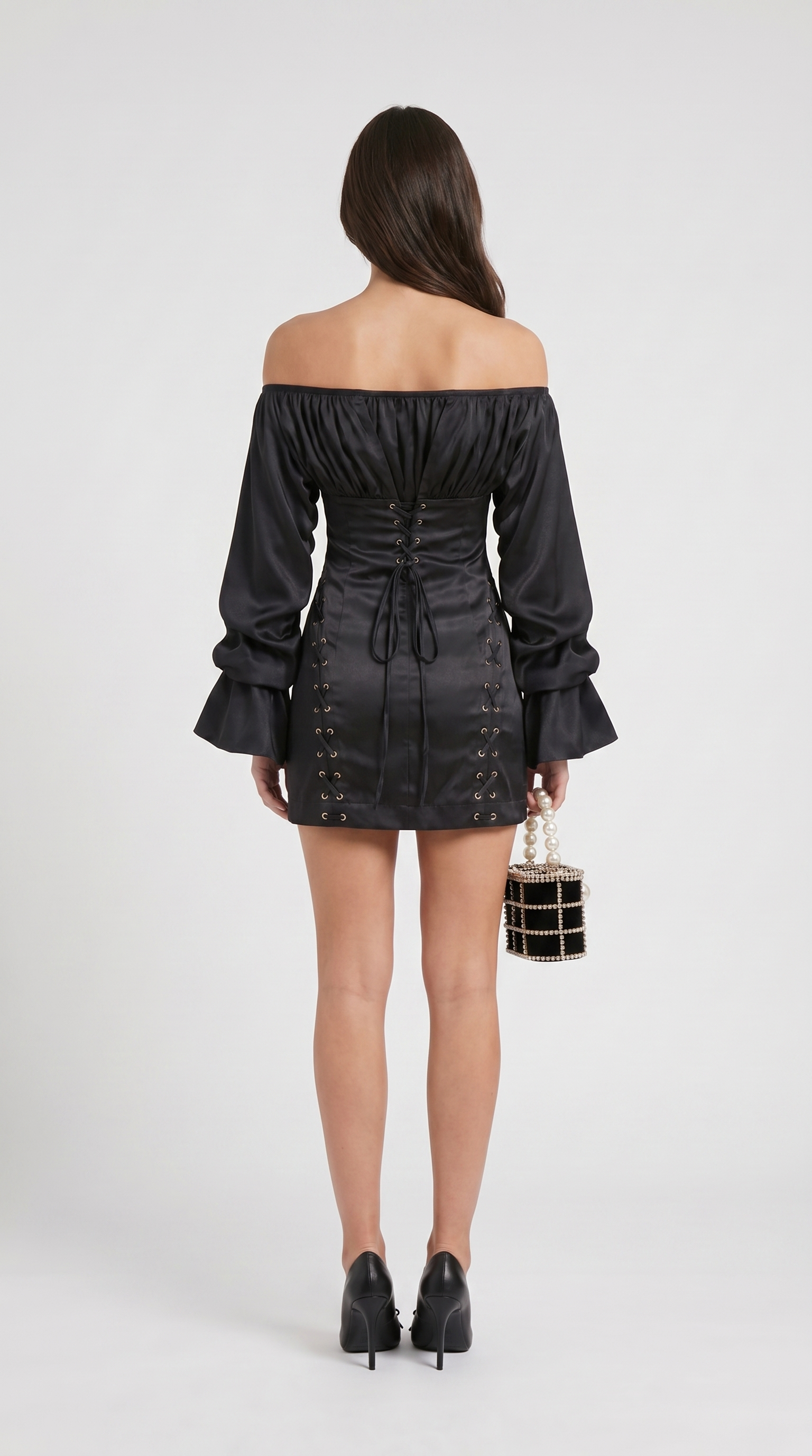 Diana - Off-the-Shoulder Lace-Up Corset Mini Dress Black