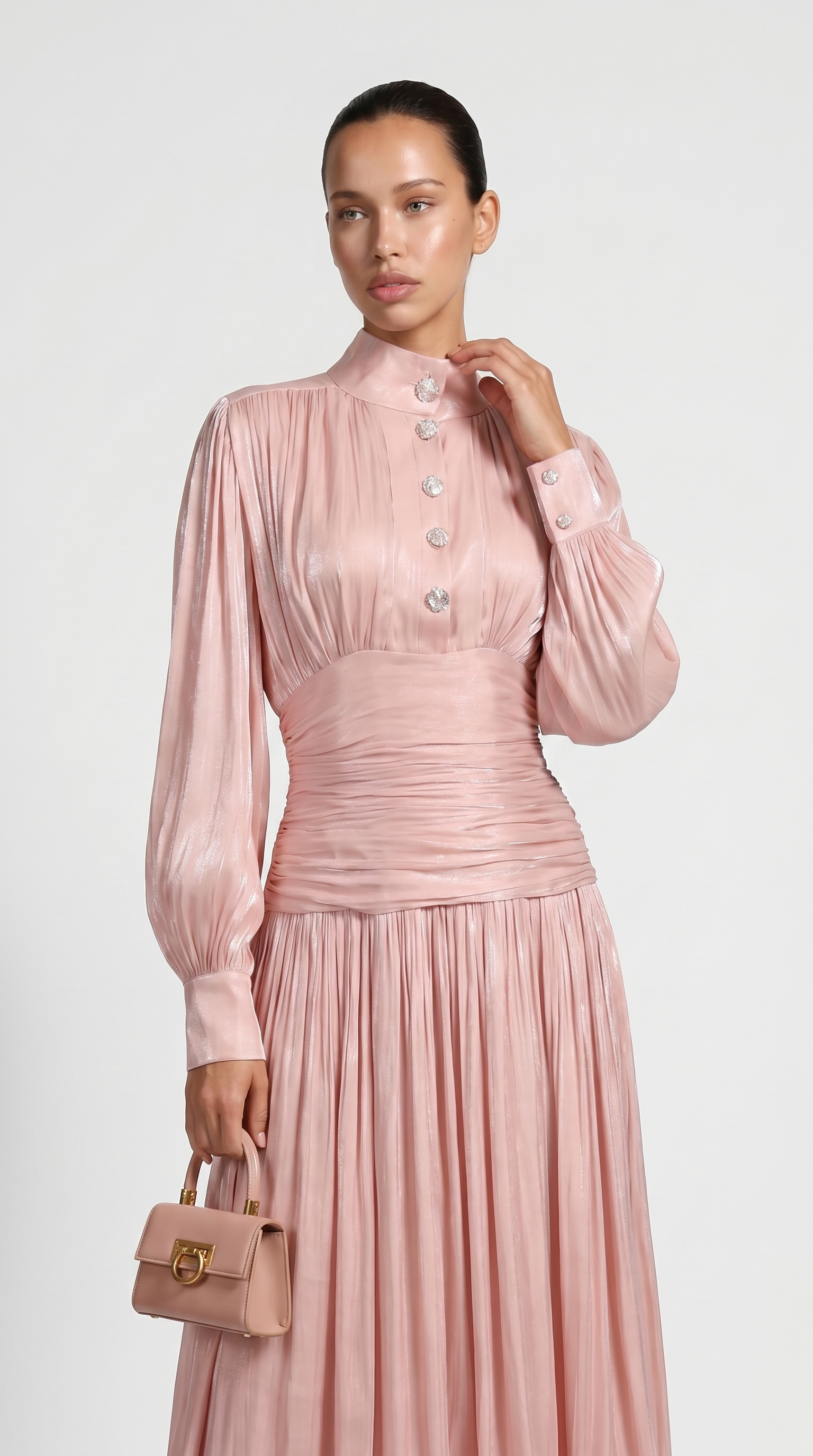 Sandra - Ruched High-Neck Plissé Maxi Gown