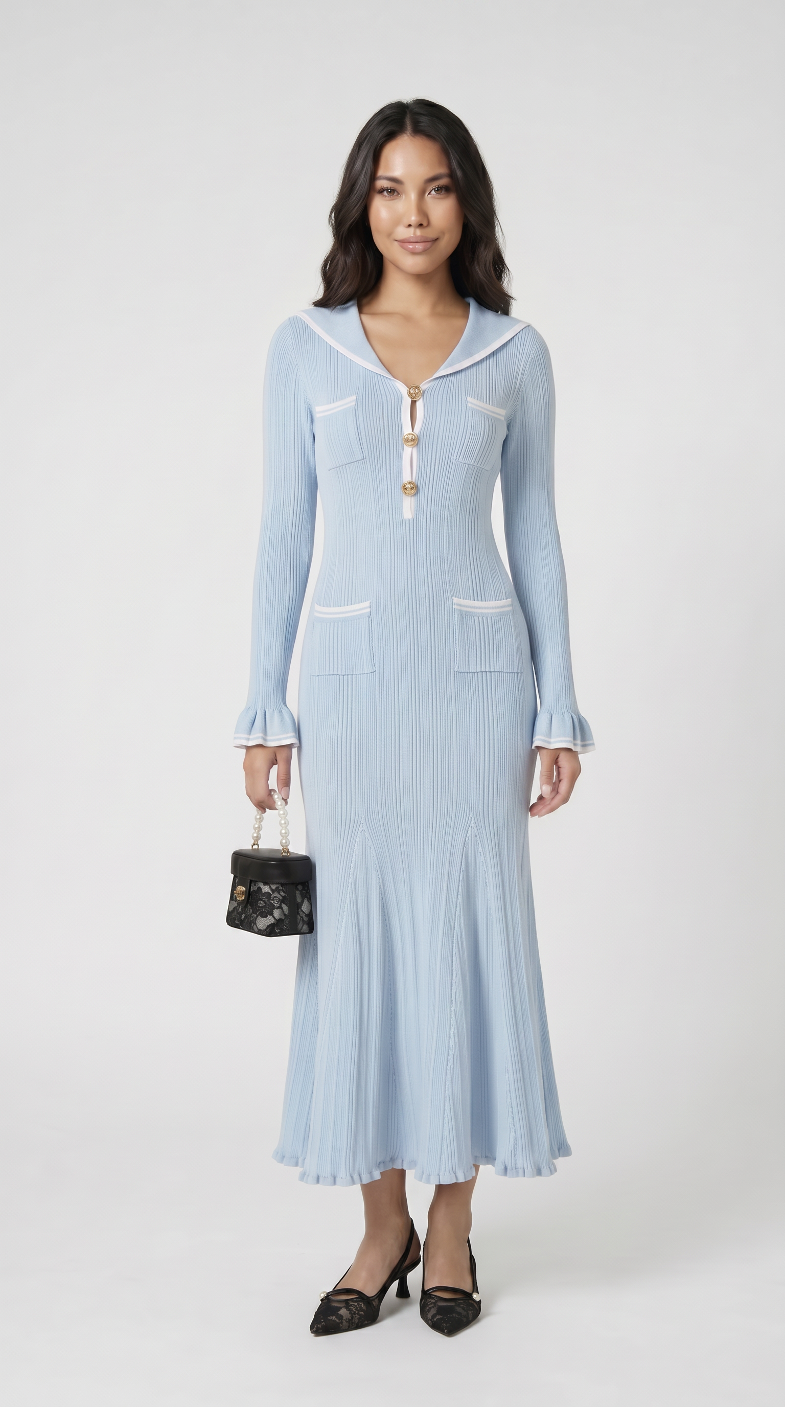 Lari - Ribbed Knit Sailor-Collar Maxi Dress Blue