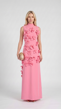 Conta - 3D Floral Appliqué Mock-Neck Maxi Gown Pink