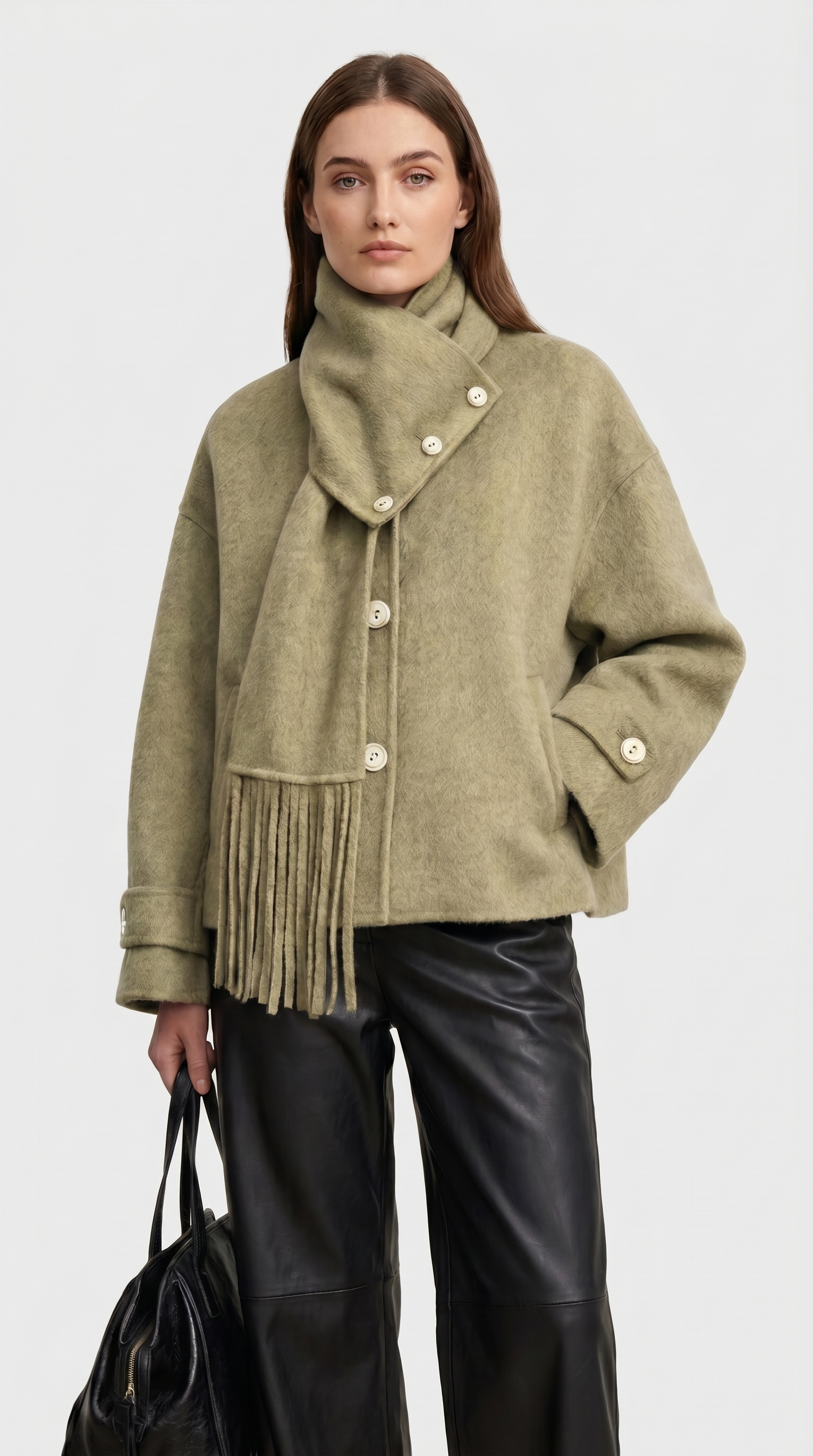 Chantrel - Chaqueta de lana natural con cuello de bufanda y cuello en V esculpido