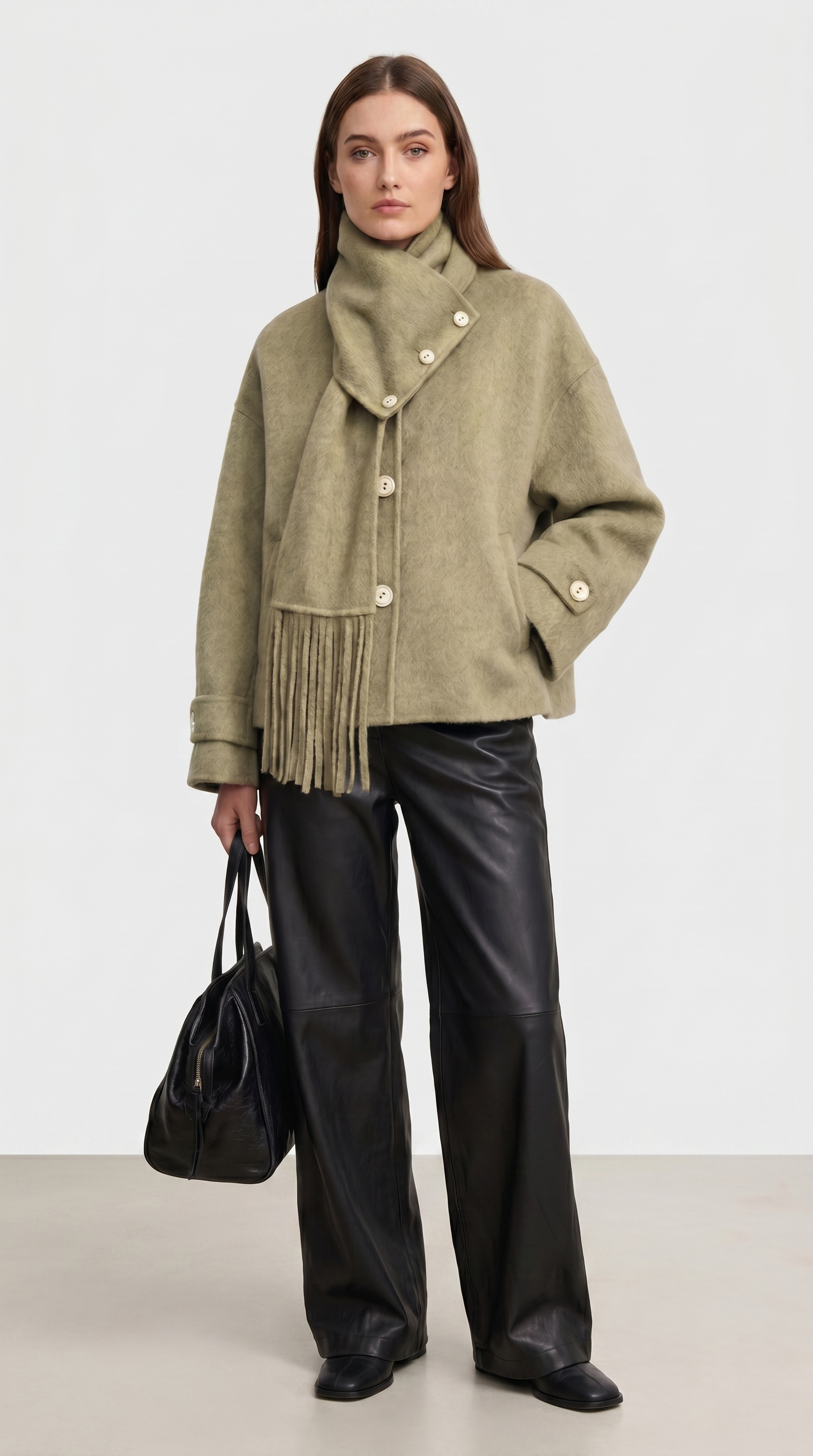 Chantrel - Chaqueta de lana natural con cuello de bufanda y cuello en V esculpido