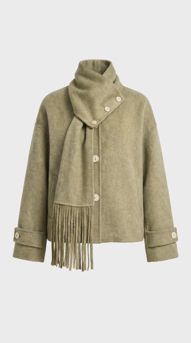 Chantrel - Chaqueta de lana natural con cuello de bufanda y cuello en V esculpido