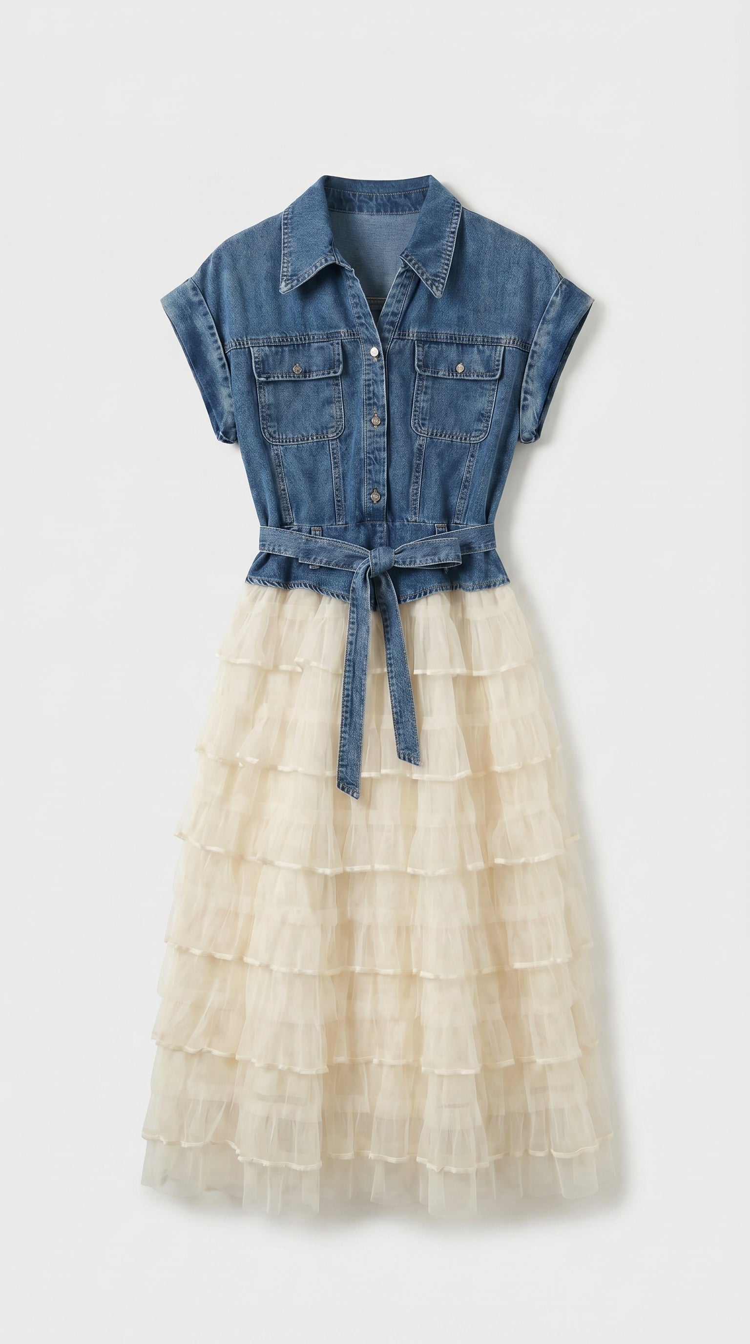Eni - Spliced Denim & Tiered Tulle Midi